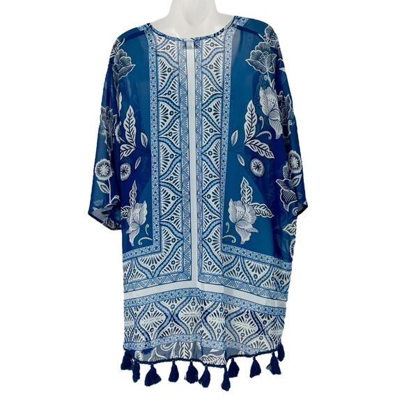 SHOW ME YOUR MUMU Shook Tassel Tunic Blue Short Sleeve Floral Sheer Size Small - Picture 3 of 6